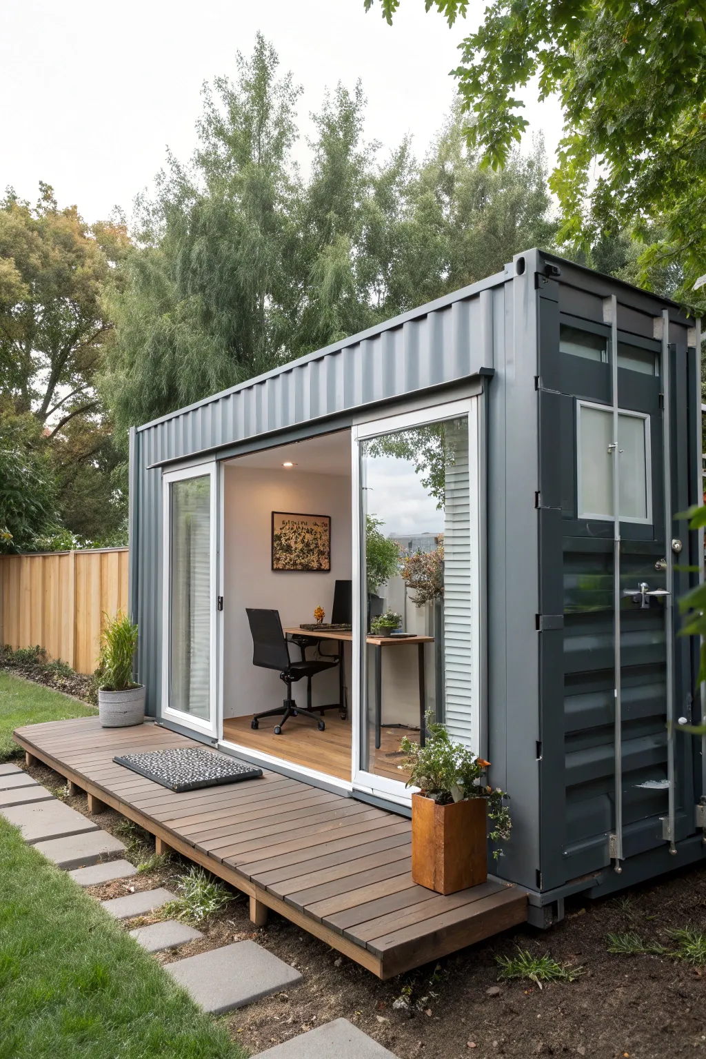 A shipping container offering a quiet office retreat.