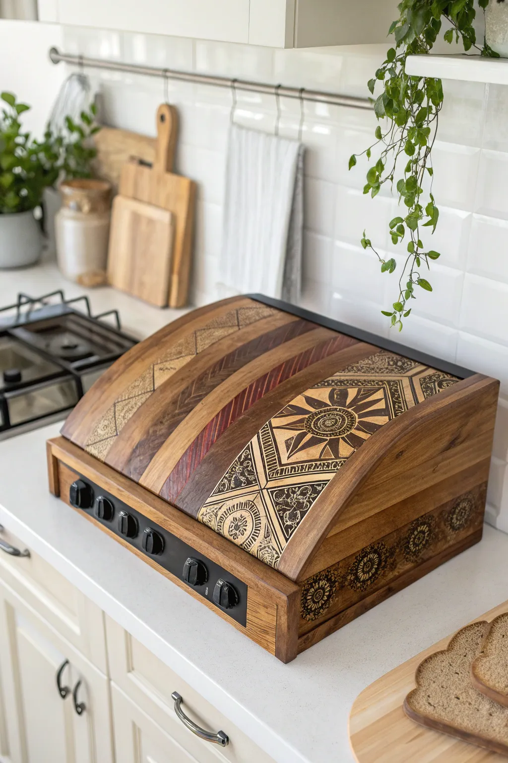 Transform your kitchen with a stunning multi-tone stained stove cover, where craftsmanship meets natural elegance.