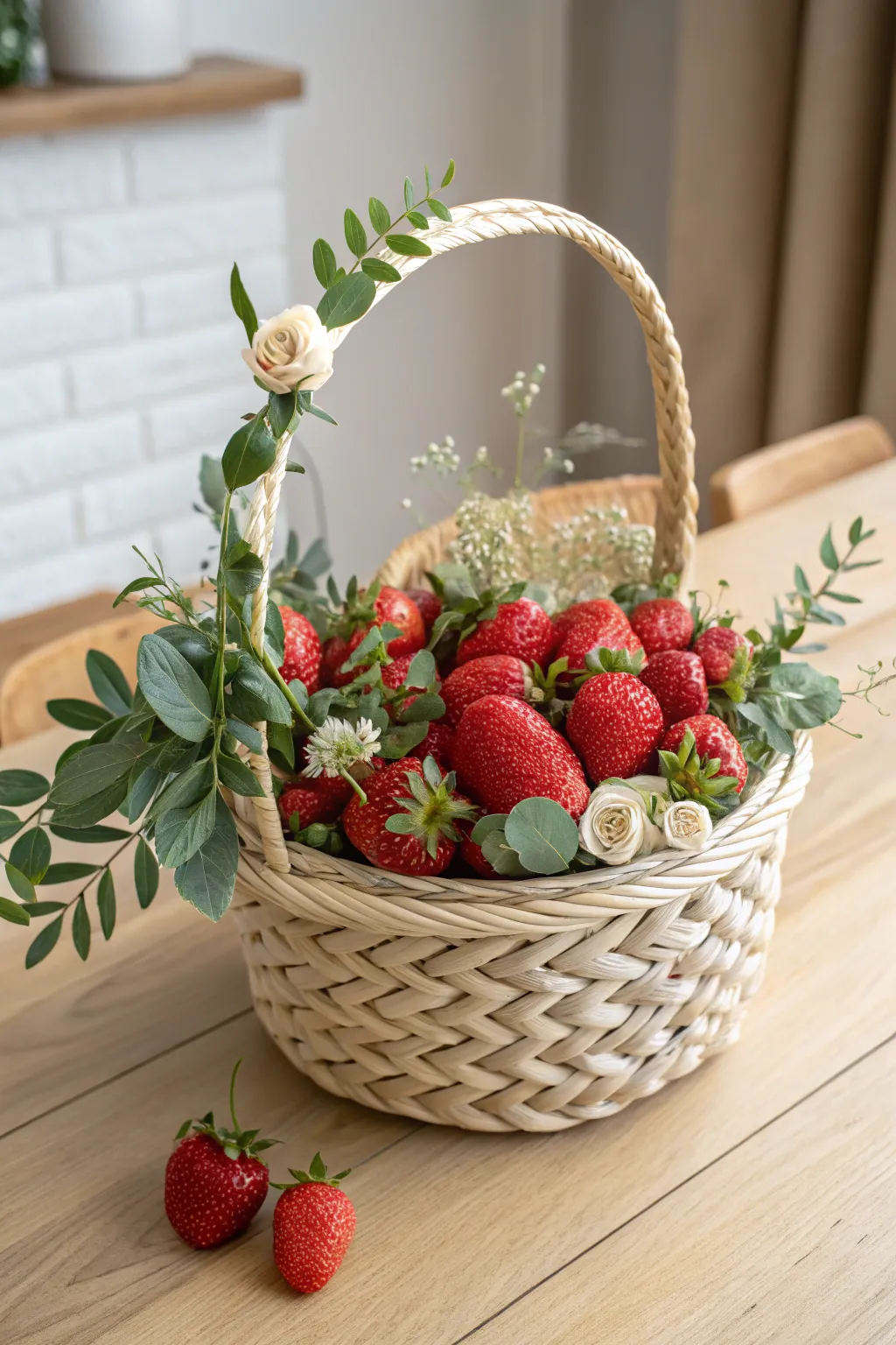 Elevate your table decor with this stunning strawberry basket centerpiece, where simplicity meets elegance.