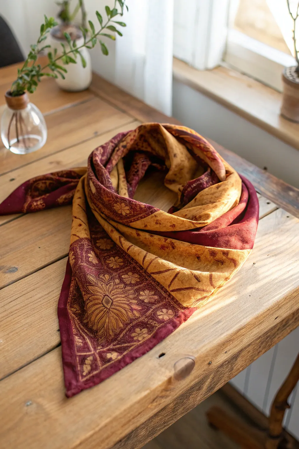 Embrace the artistry of nature with a beautifully dyed bandana, perfect for adding a touch of summer elegance.