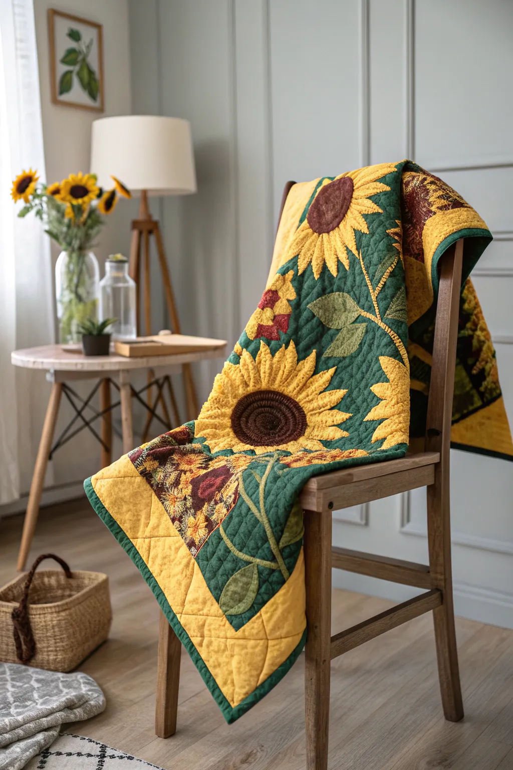 Add a splash of sunshine to your space with a charming sunflower mini quilt, where minimalist elegance meets vibrant artistry.