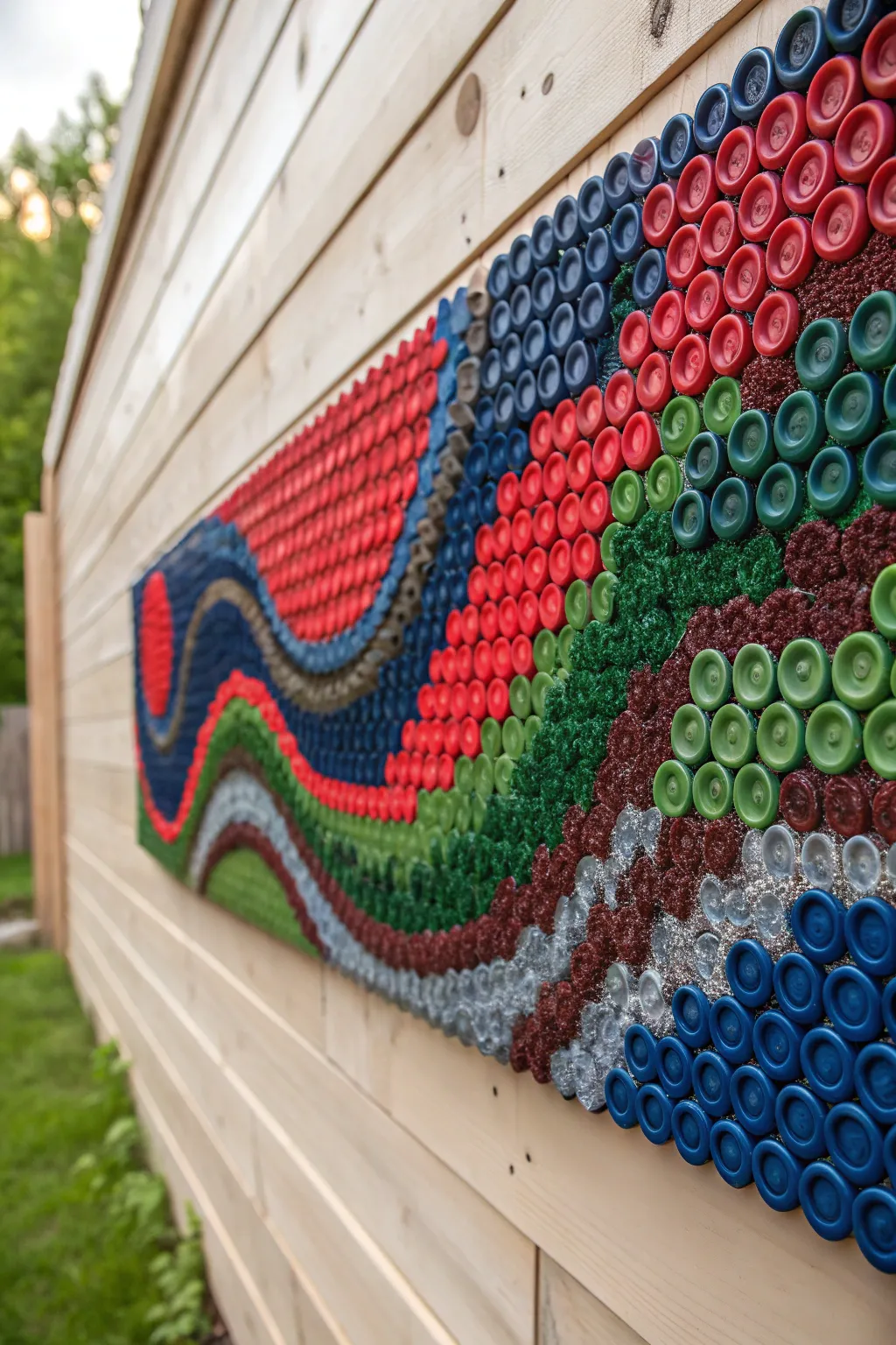 Transforming the ordinary into extraordinary: A vibrant mural of recycled bottle caps that breathes new life into sustainability.