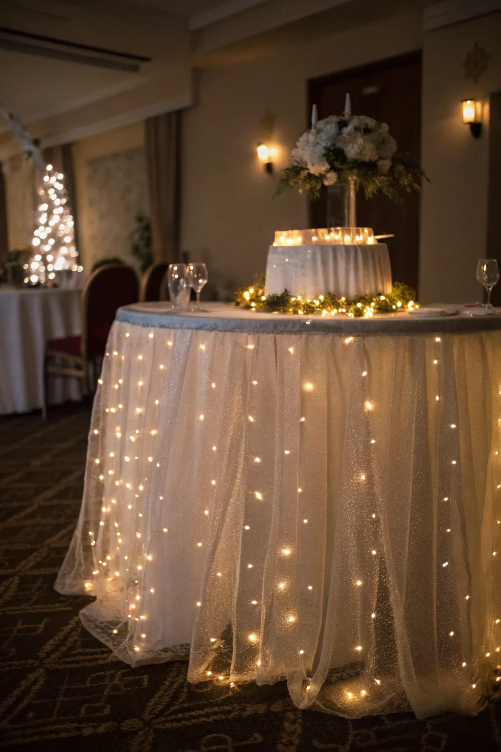 Fairy lights add a whimsical touch to table skirts.