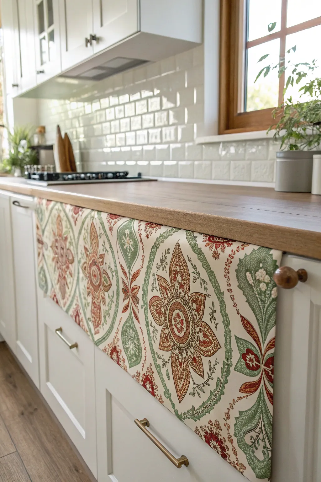 Transform your kitchen with a touch of boho elegance using a fabric backsplash—where craftsmanship meets bold simplicity.