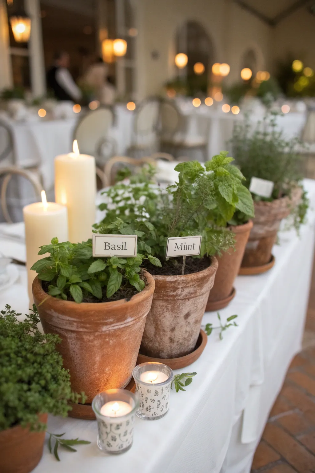 Terracotta pots with herbs serve as functional and delightful centerpieces.