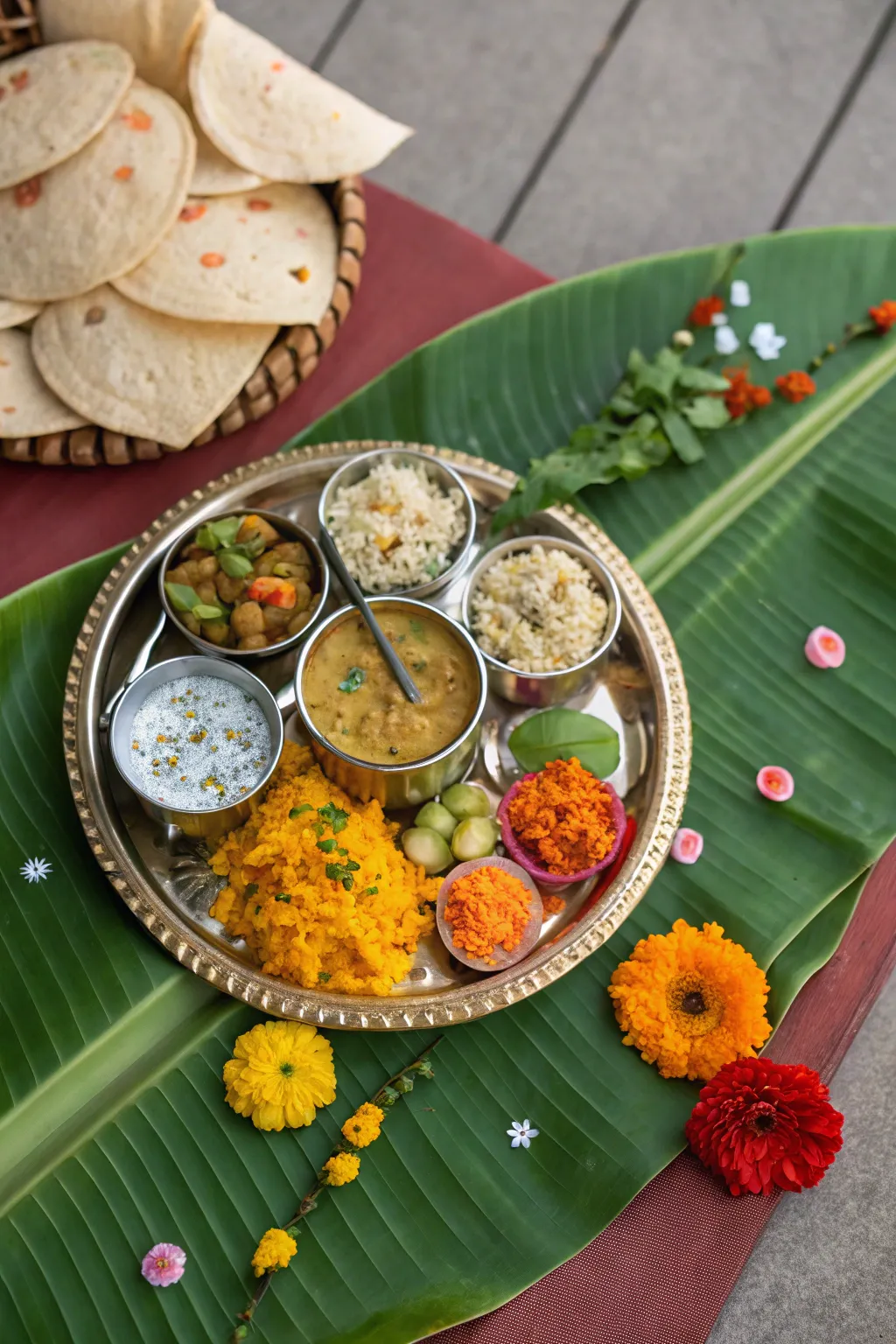 A thali with a natural banana leaf base, enhancing its traditional appeal.