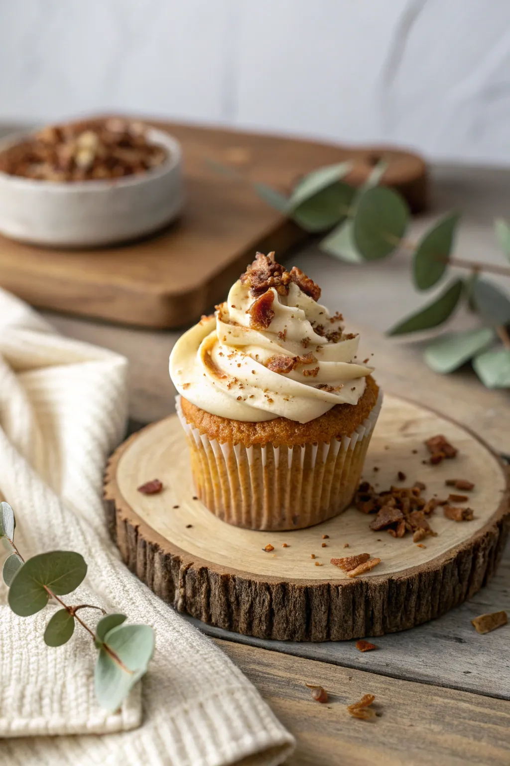 Indulge in the perfect balance of sweet and savory with this Maple Bacon Bliss cupcake!
