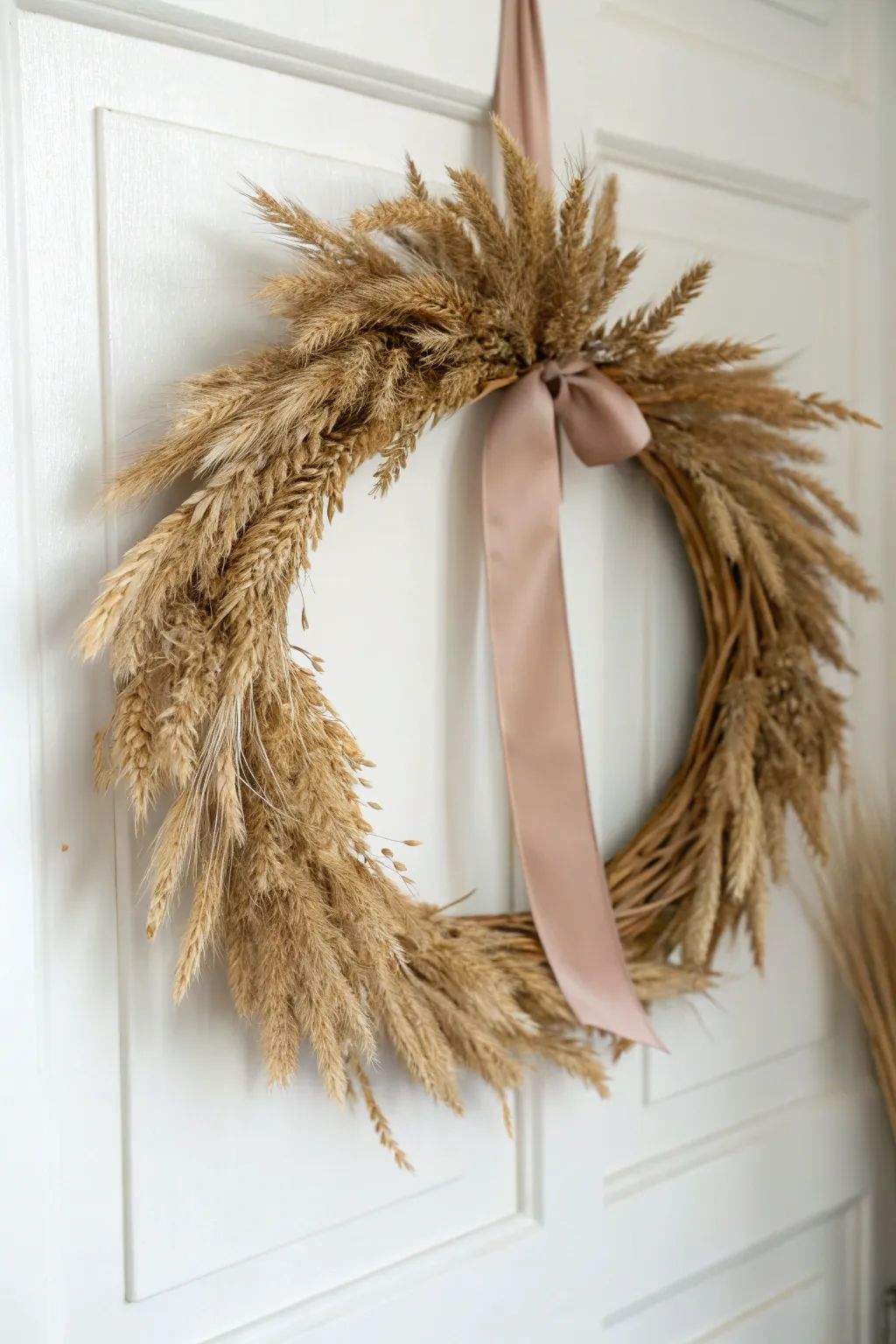 Embrace the harvest season with this Wheat and Satin Harmony wreath, a perfect blend of simplicity and elegance.