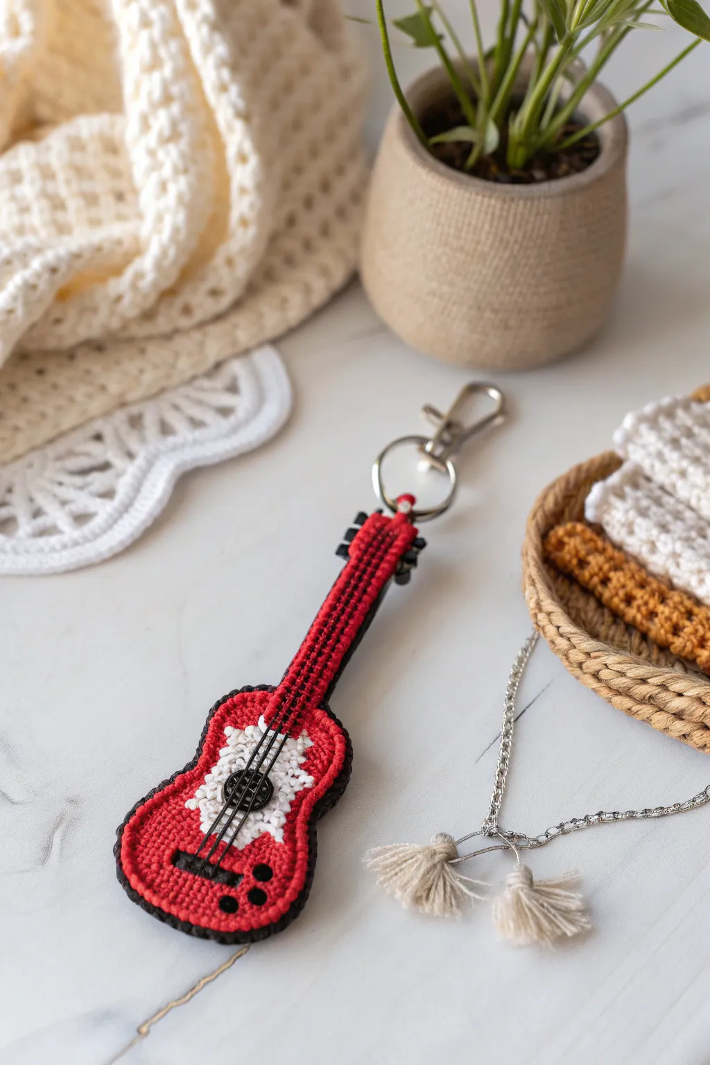 Add a personal and artistic touch to his keys with a handcrafted crochet charm. 🎸✨