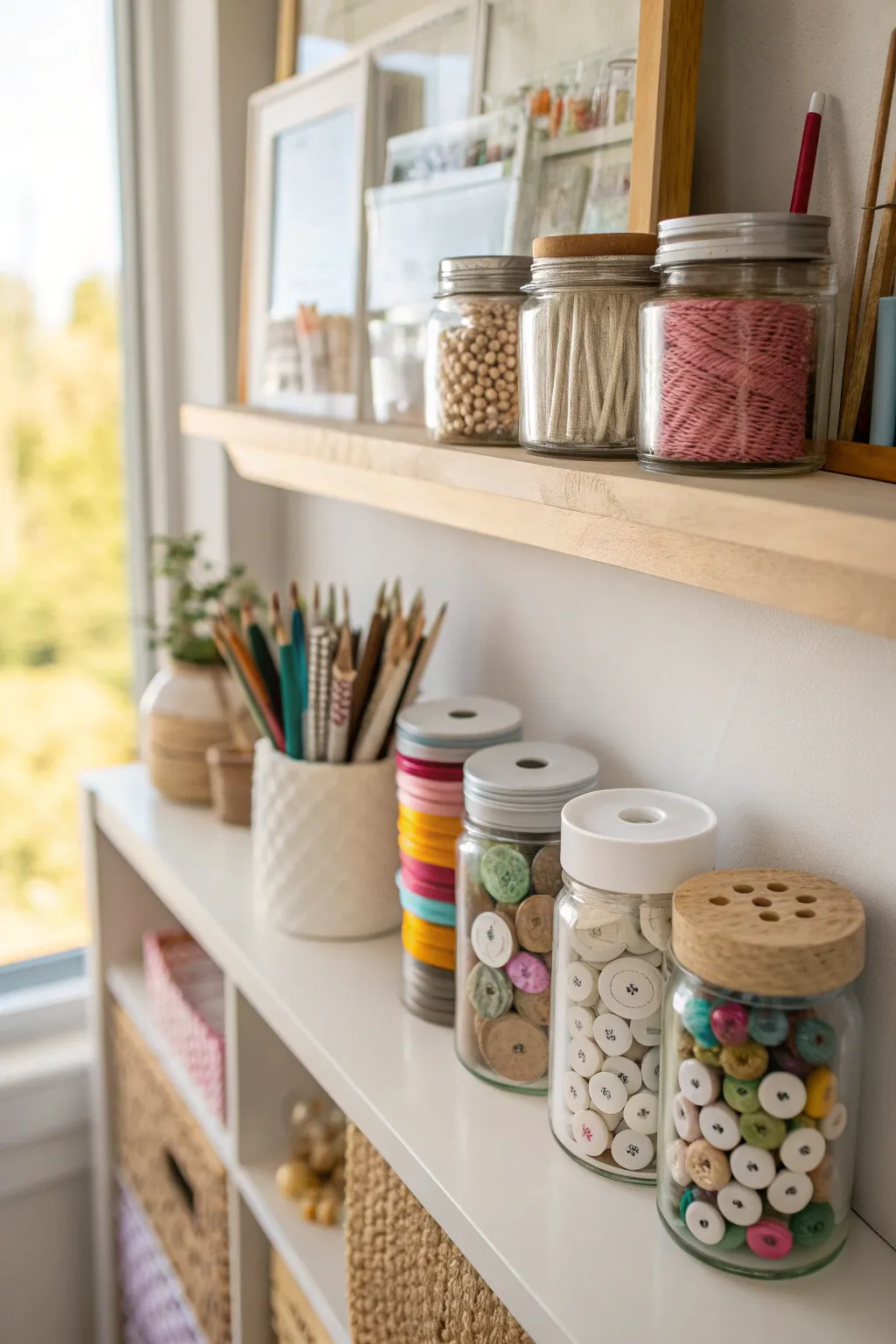 Transform your space with thrifted treasures: A minimalist craft corner bursting with color and creativity.