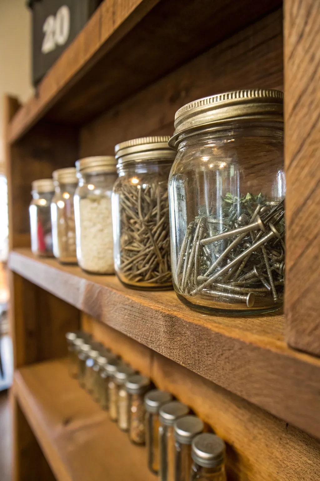 Crafted Convenience: Elevate your workspace with under-shelf jar storage.