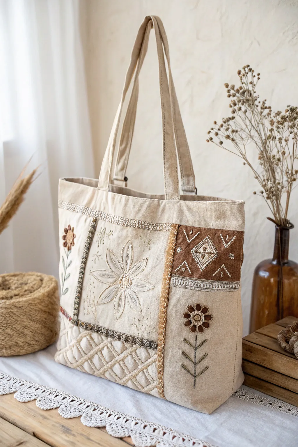 Discover the art of Patchwork Chic – where minimalist elegance meets Boho charm in exquisite tote bag embroidery.