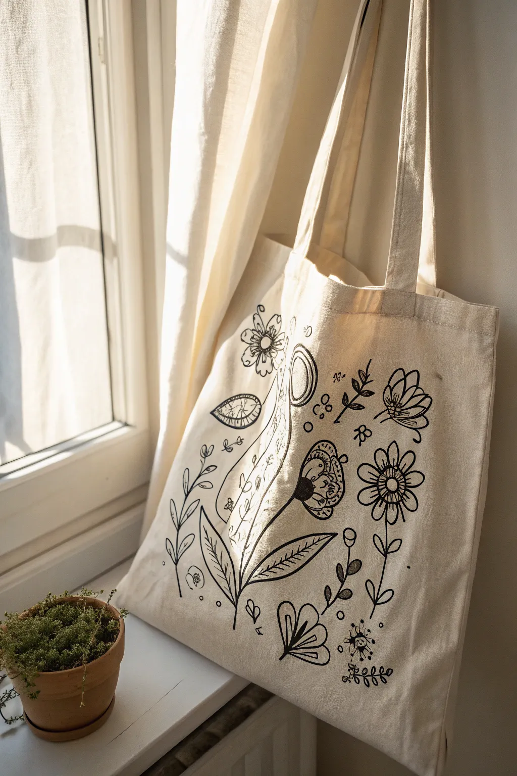 Embrace simplicity with a touch of artistry: discover the charm of hand-drawn doodles on a minimalist tote.