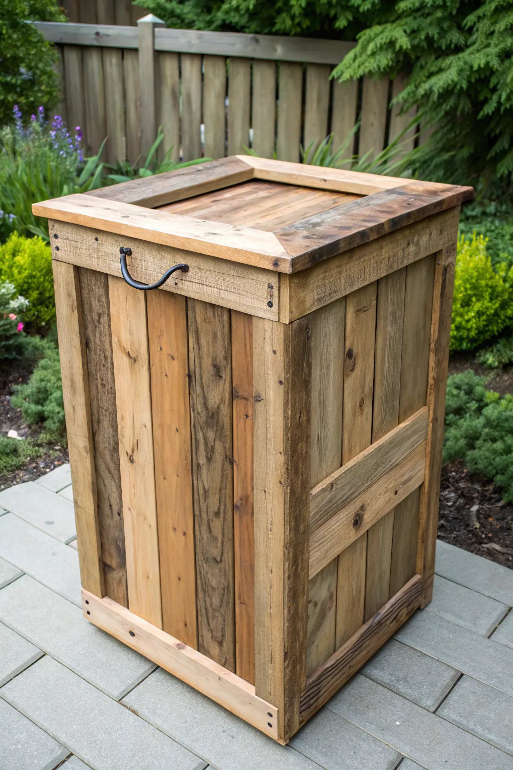 Transform your outdoor space with sustainable style: a reclaimed wood trash can cover that's both functional and eco-friendly.