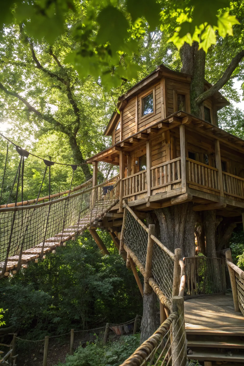 Discover the charm of elevated living with this expertly crafted multi-level treehouse.