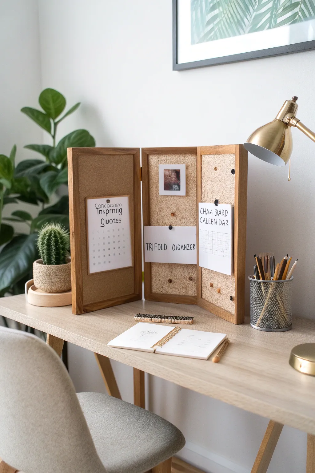 Elevate your home office with a stylish trifold command center, blending Scandinavian simplicity and boho flair.