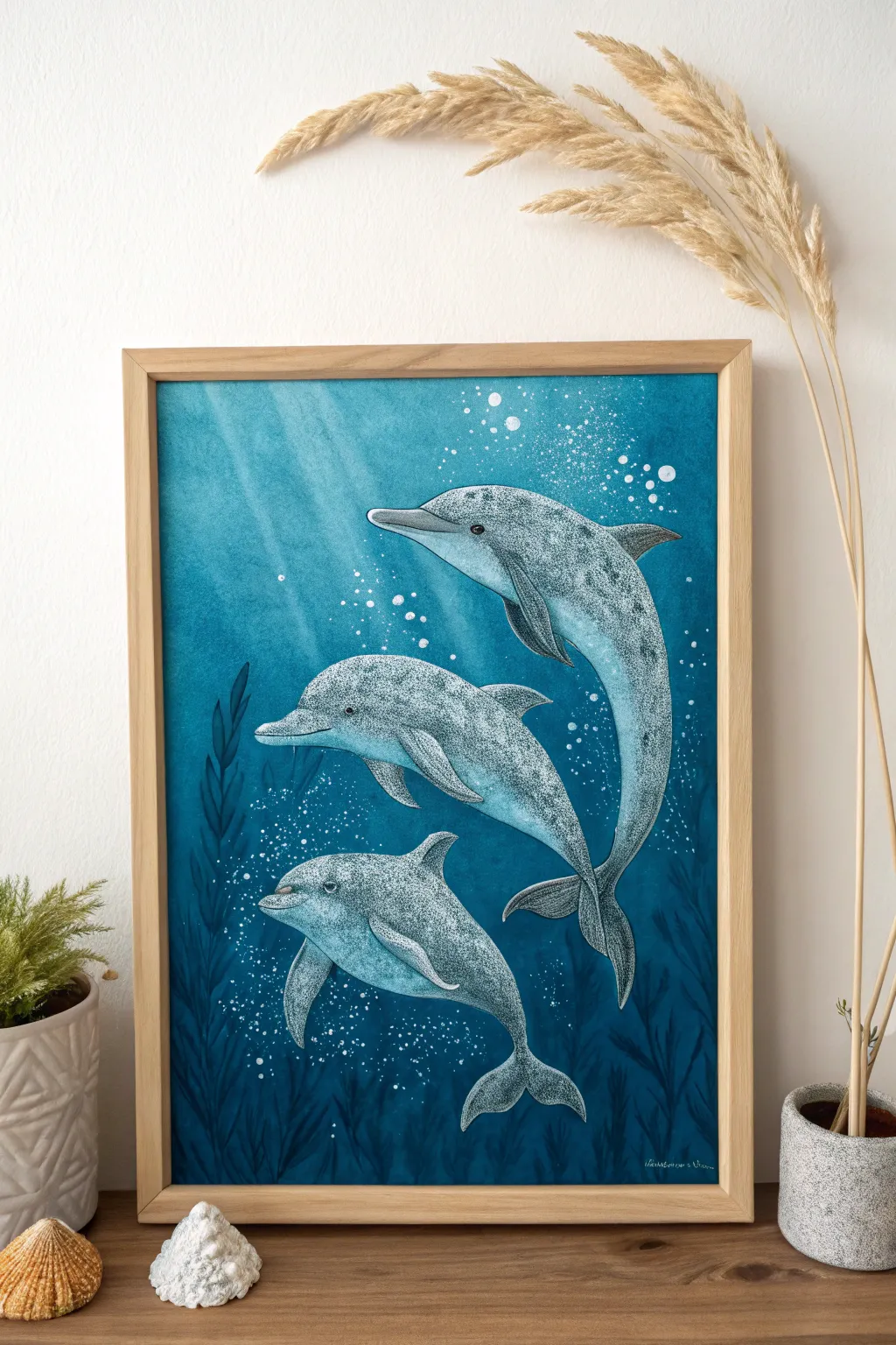 Dive into serenity with this minimalist trio of dolphins, a perfect touch of underwater elegance for your sanctuary.