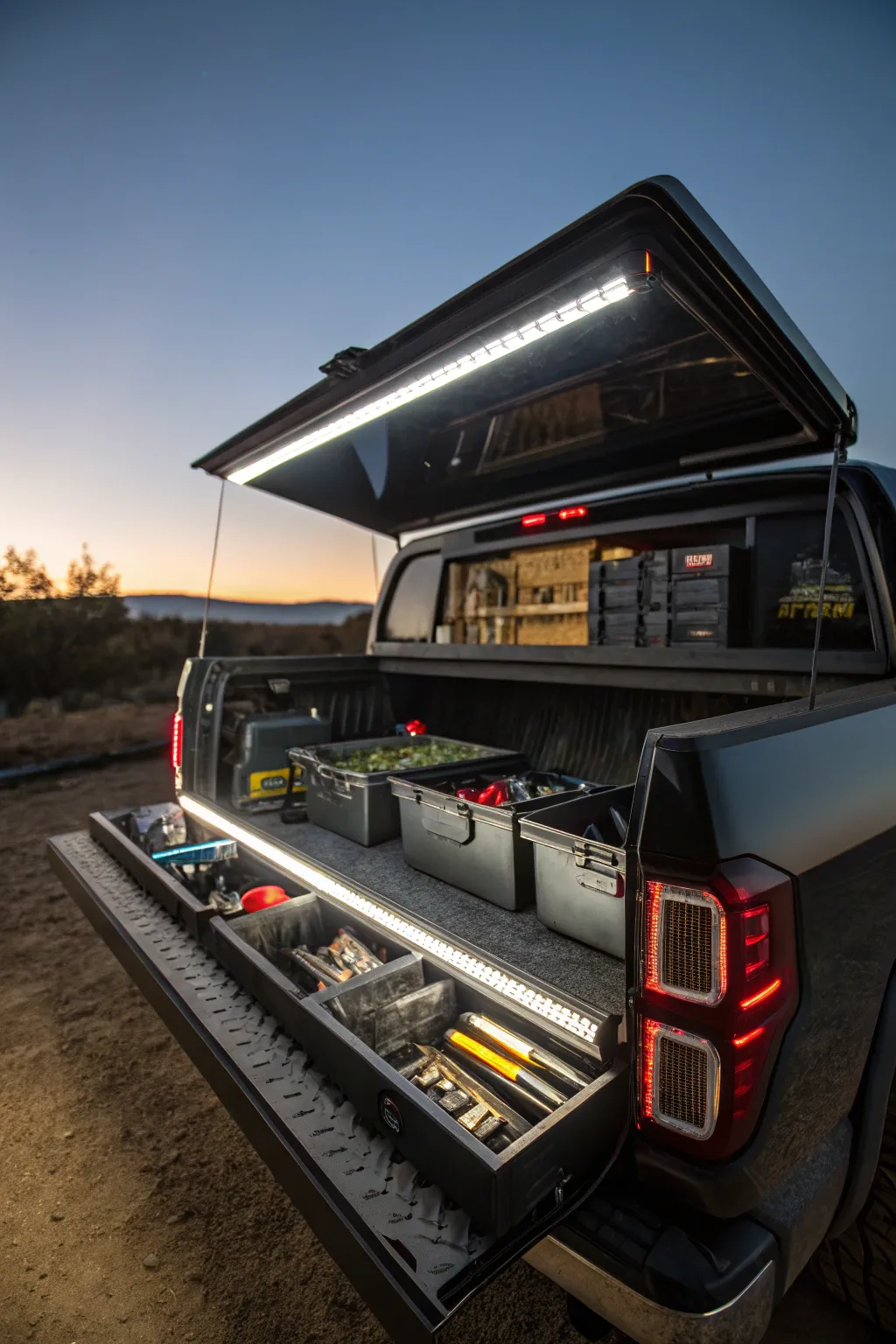 Illuminate your truck cap with LED lights for perfect nighttime organization.