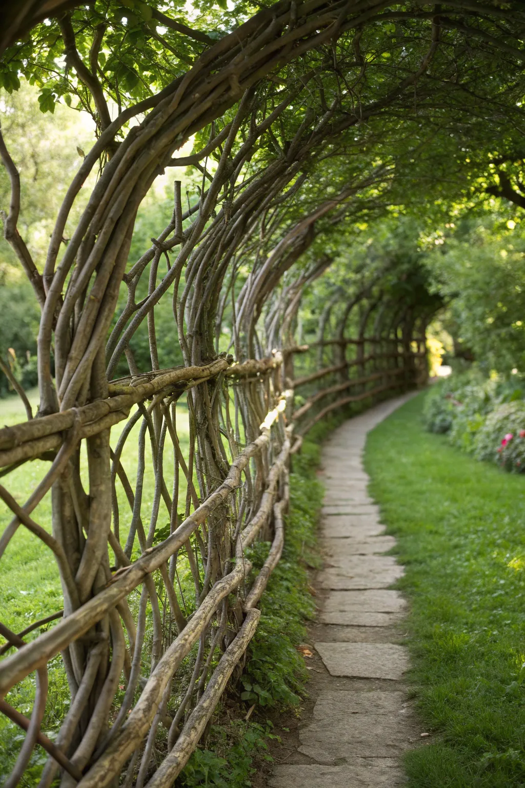 Embrace nature's artistry with a beautifully crafted curved twig fence.