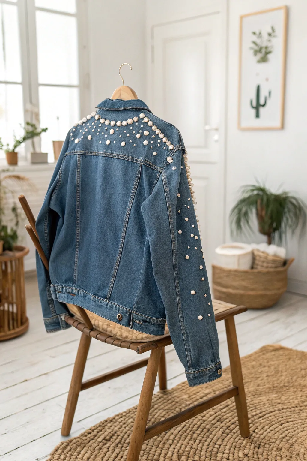 Elevate your denim with timeless pearl embellishments for a touch of elegance and simplicity.