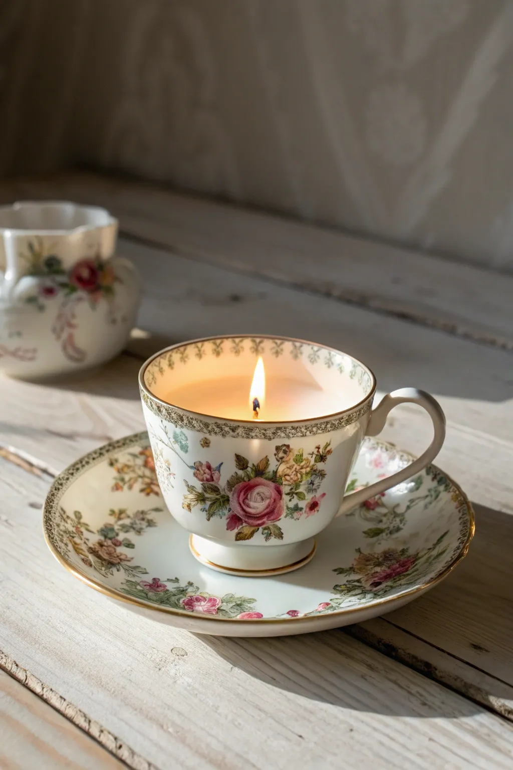 Illuminate your space with vintage charm: Upcycled teacup candle holder.