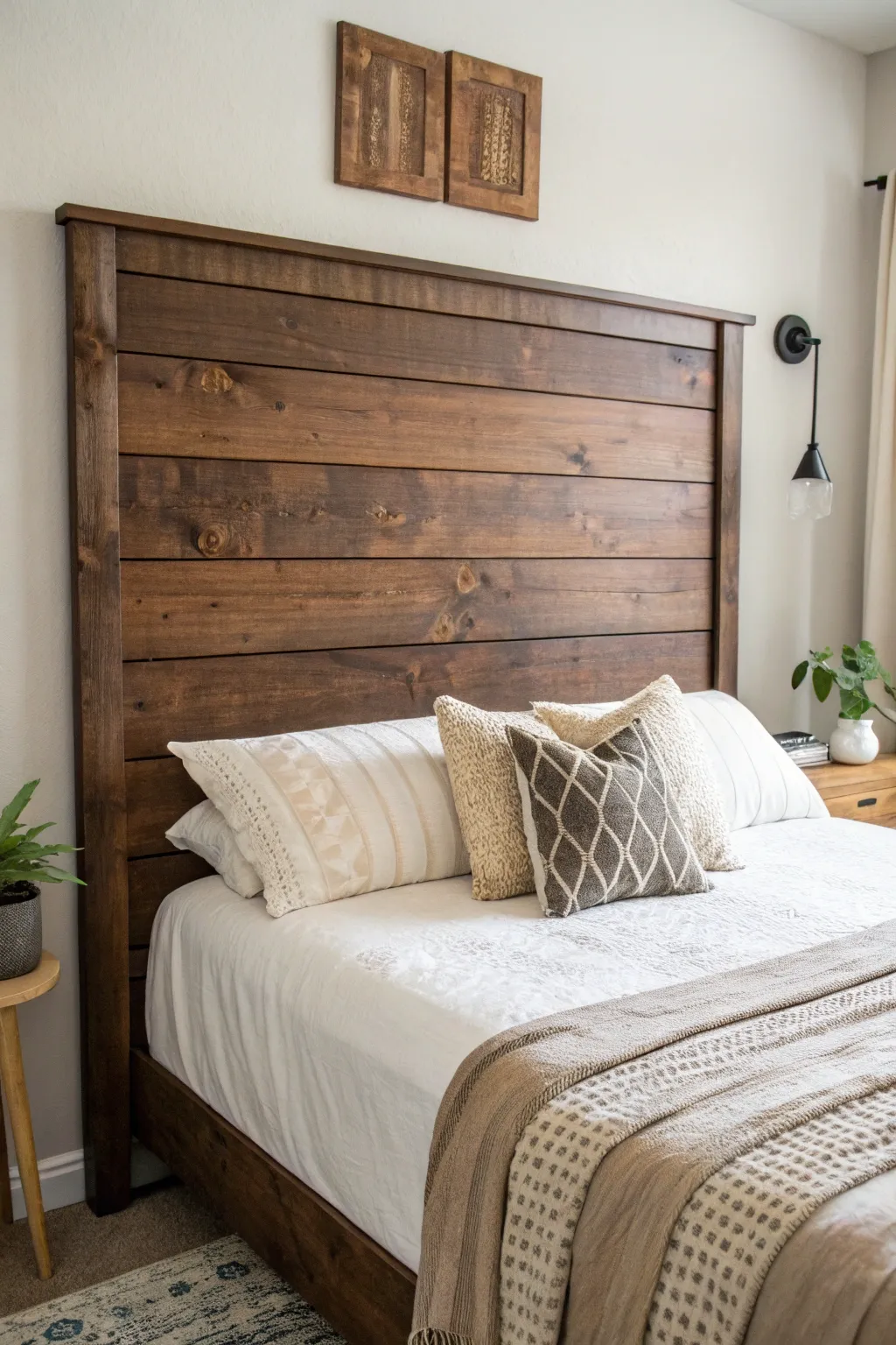 Transform your bedroom with a rustic pallet wood headboard that exudes warmth and timeless elegance.