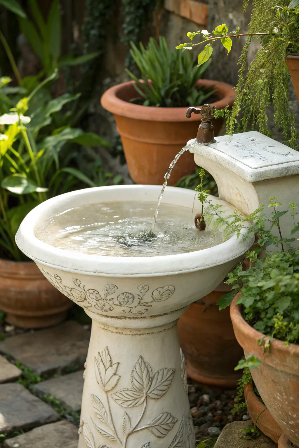 Transform your garden with the soothing sounds of a vintage sink fountain, where simplicity meets natural beauty.