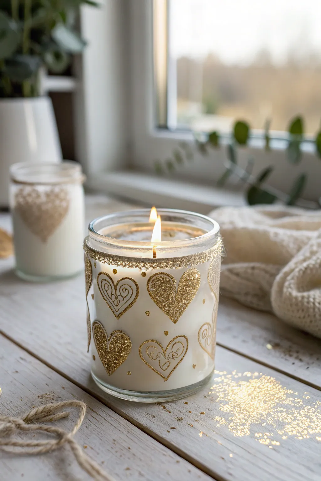 Illuminate your space with the enchanting glow of DIY glitter heart candles.