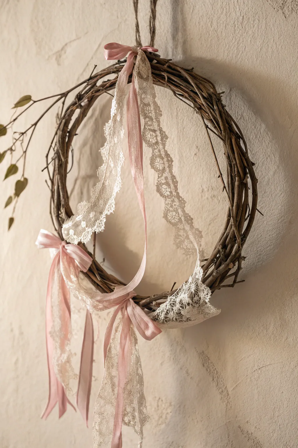 Embrace vintage charm with this romantic lace and ribbon wreath, perfect for a classic Valentine's Day touch.