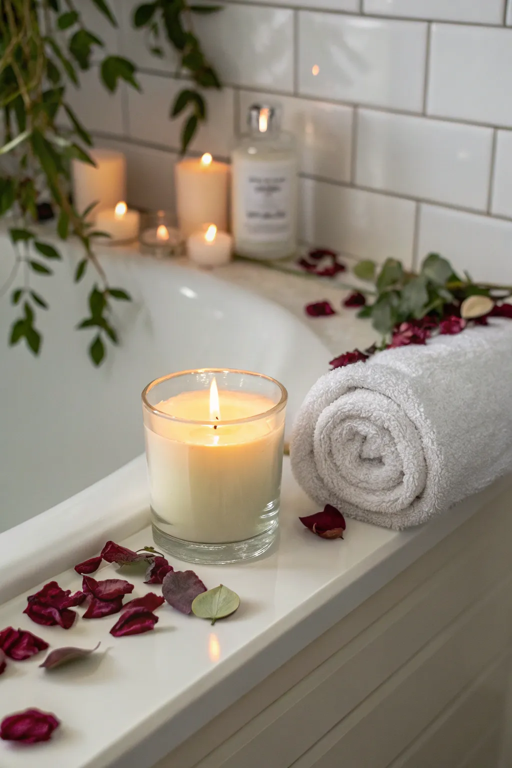 Find serenity in a candlelit bath with essential oils, your perfect Valentine’s escape.