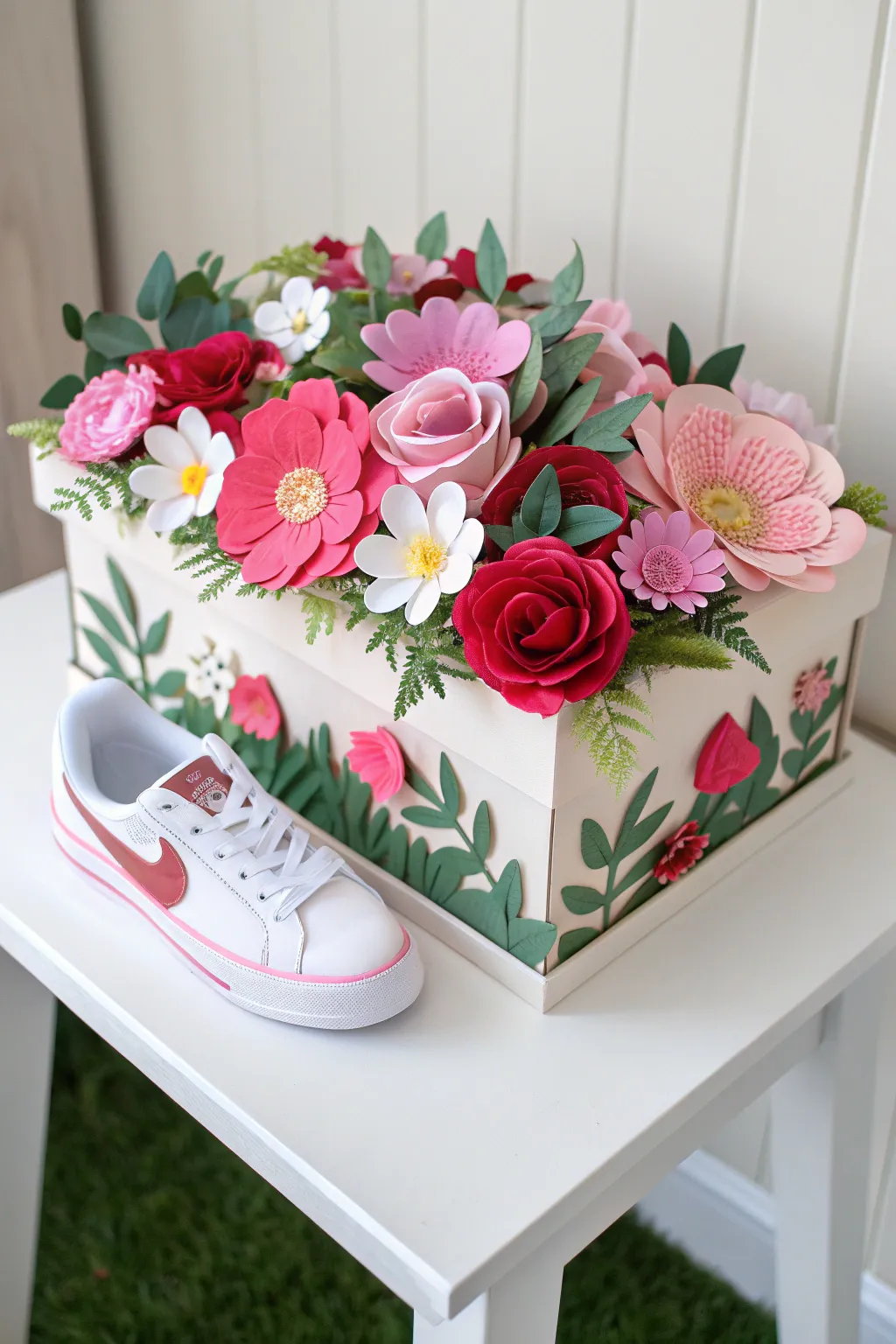Step into a Garden of Love with this enchanting Valentine's Day shoe box, blooming with vibrant paper flowers.