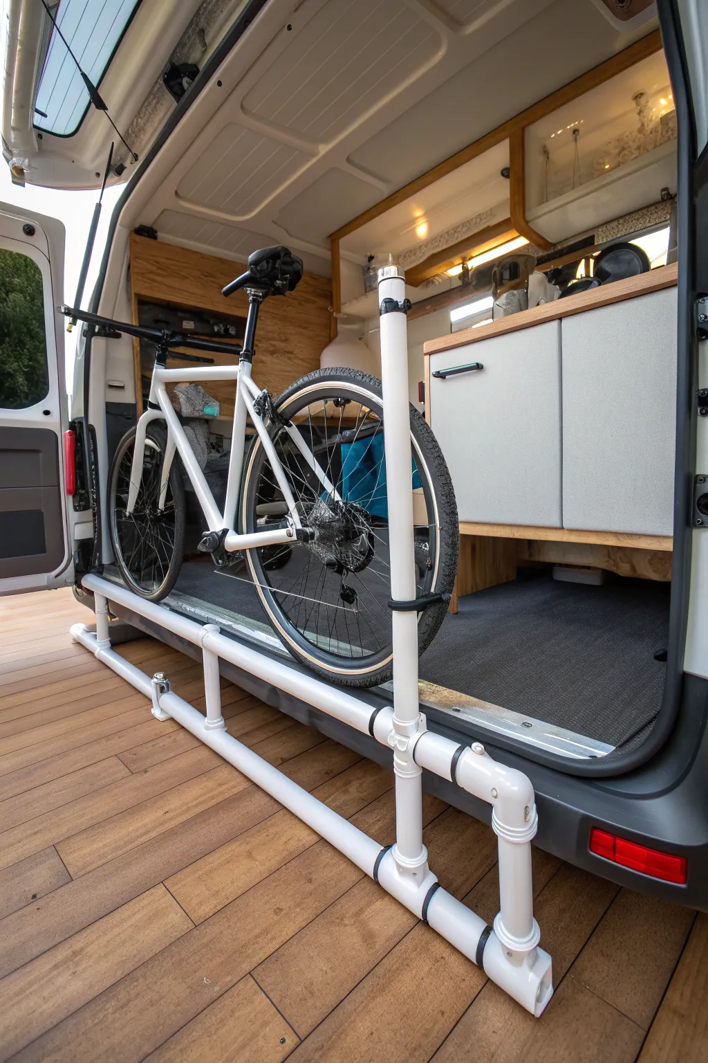 Elevate your van's interior with this sleek, DIY PVC pipe bike stand – where style meets functionality.