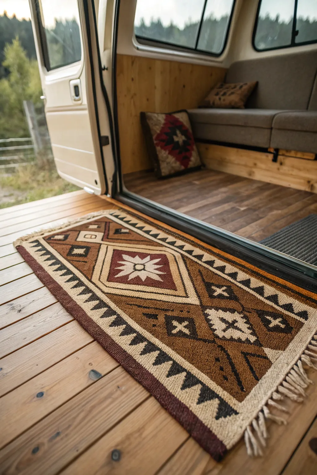 Transform your van's interior with a handcrafted rug that speaks to your style.