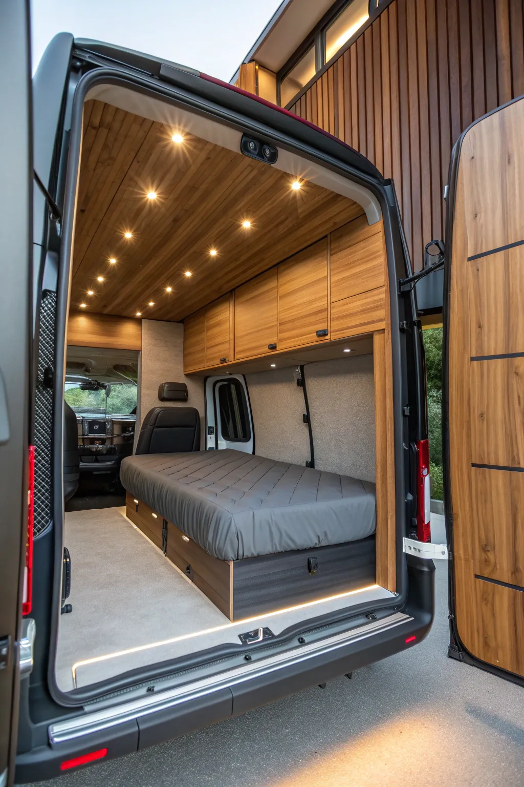 Maximize your van space with a sophisticated Murphy bed. Fold away comfort and indulge in craftsmanship.