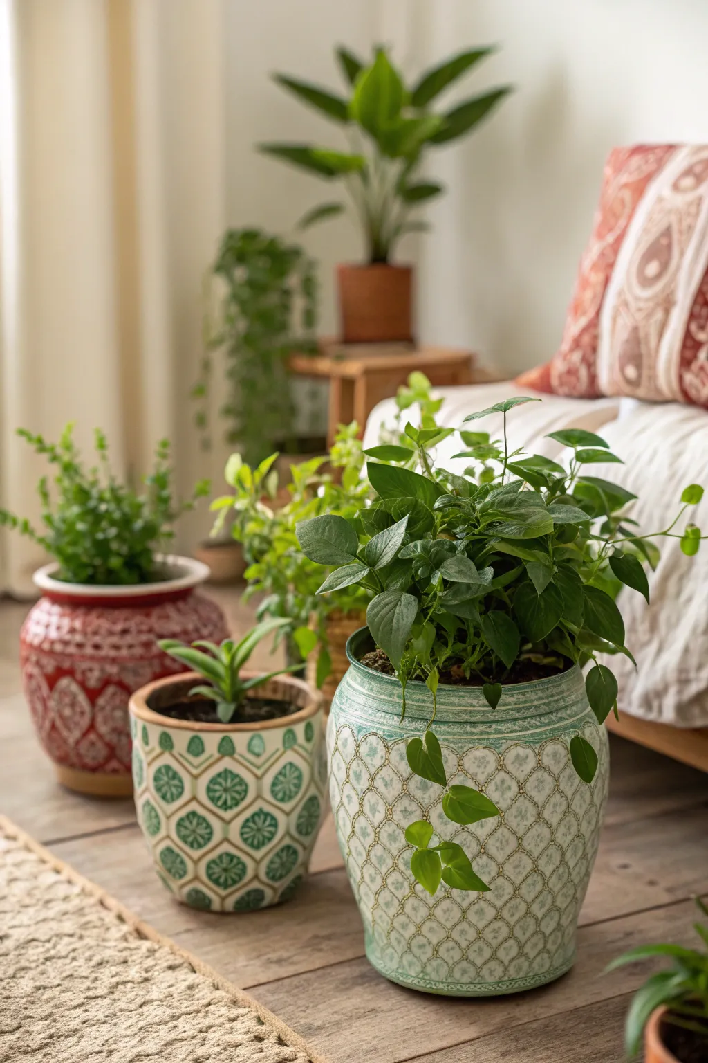 Vases creatively repurposed as planters add greenery to the home.