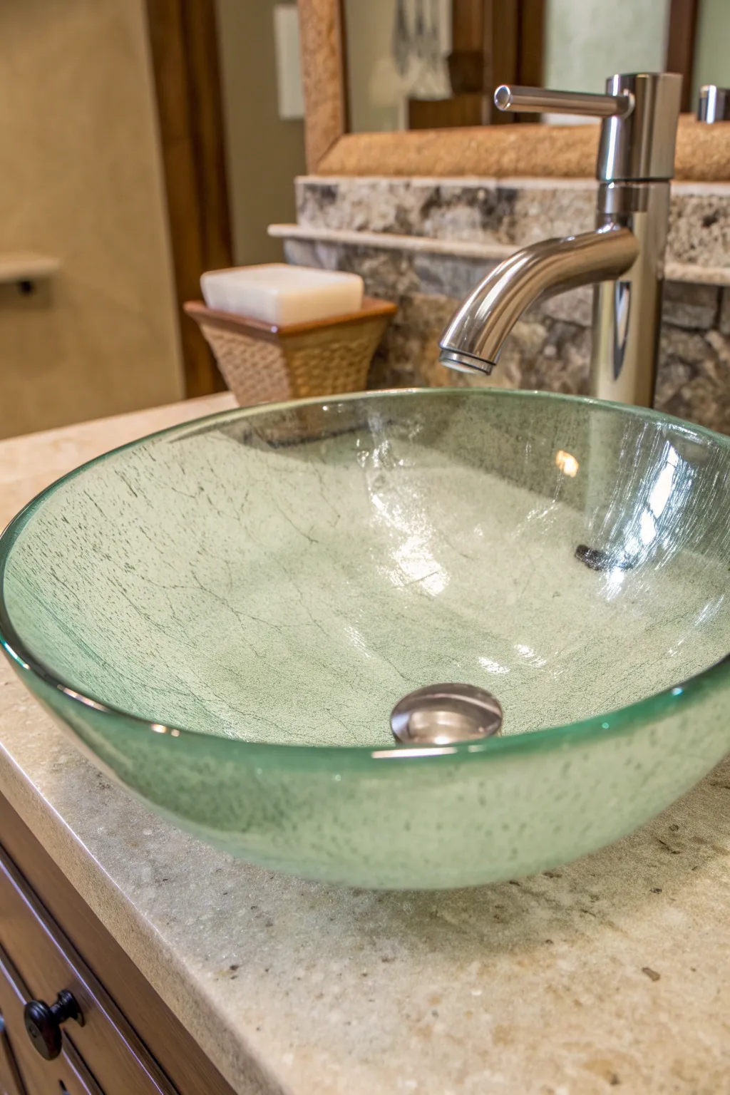 Elevate your bathroom design with this eco-friendly recycled glass vessel sink, where sustainability meets craftsmanship.
