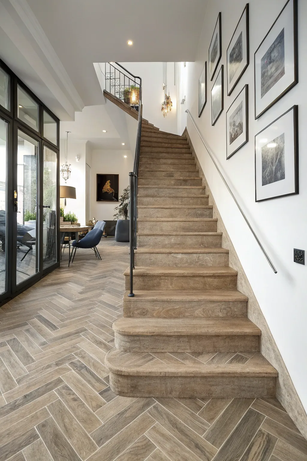 Herringbone patterns bring a dynamic and sophisticated look to your stairs.