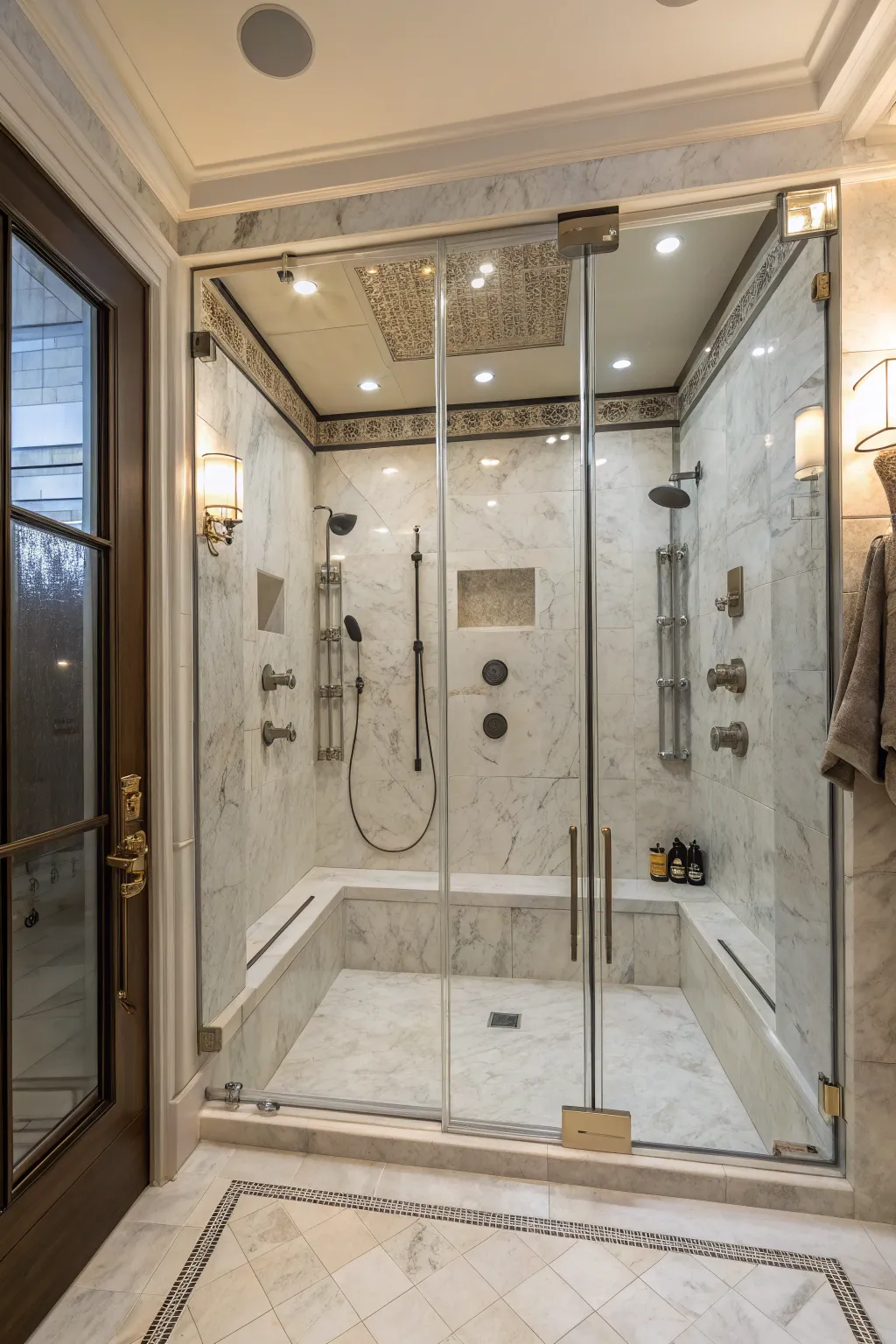 A double shower enhanced with body sprays for a spa-like experience.