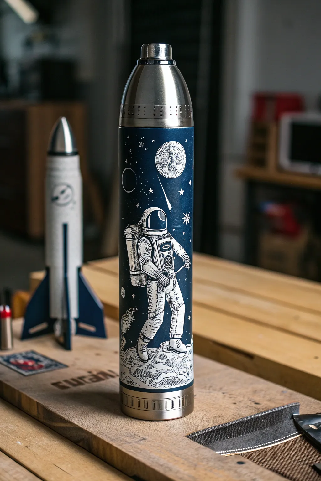 Blast off in style with this handcrafted 'moon mission' water bottle rocket, a perfect blend of creativity and craftsmanship.