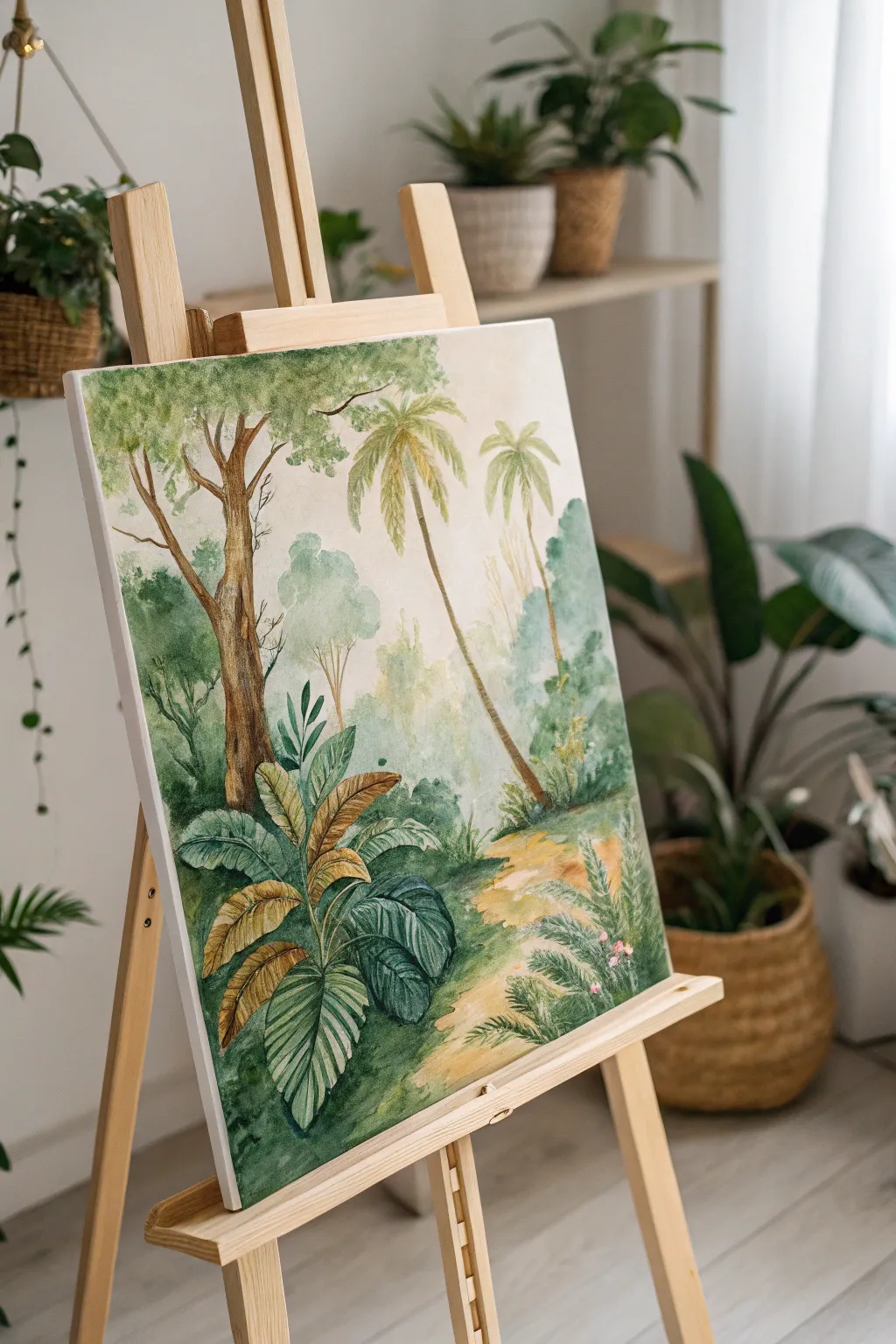 Discover the serene beauty of nature with this minimalist watercolor jungle scene, perfect for adding a touch of adventure to your space.