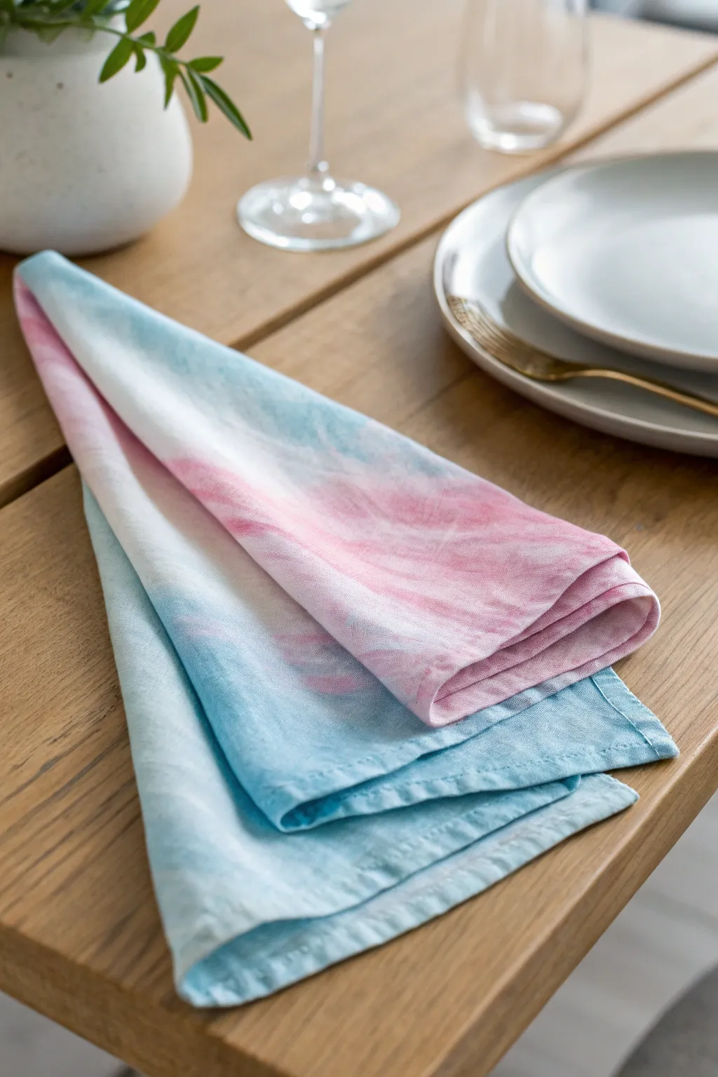 Elevate your table setting with watercolor-dyed linen napkins, blending elegance and personal touch.