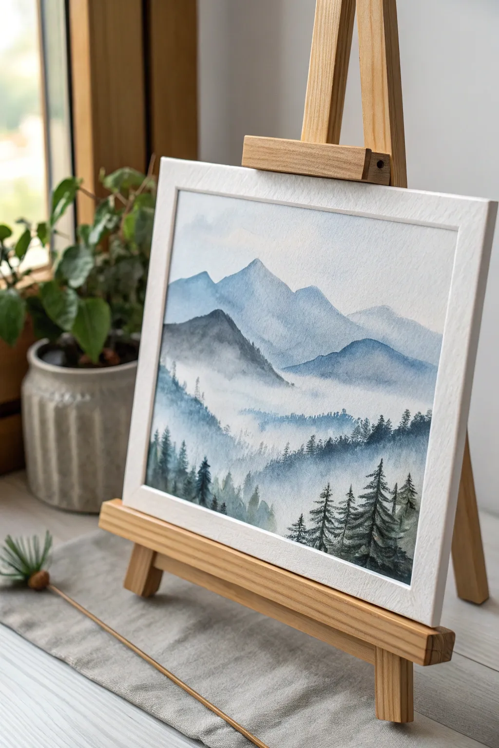 Embrace the calm beauty of misty mountains with this exquisite watercolor pencil drawing.
