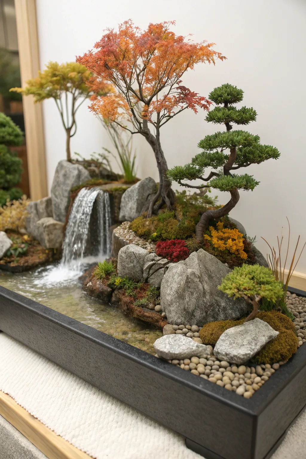 Capture the essence of every season with a stunning waterfall diorama, where nature's beauty meets minimalist design.