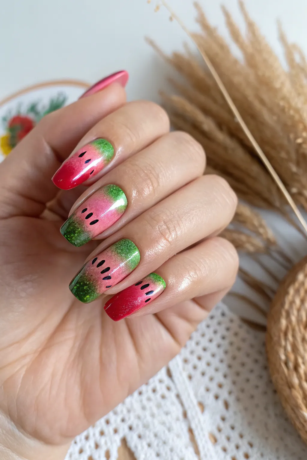 Shine bright with these stunning watermelon chrome nails, perfect for a summer festival look!
