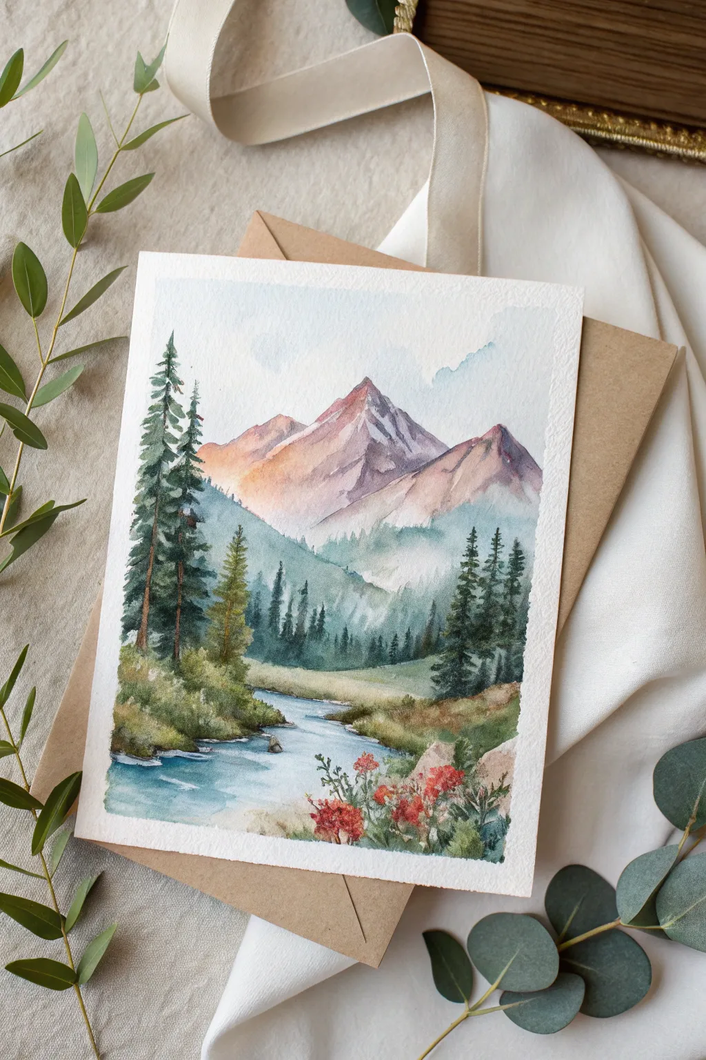 Capture the beauty of nature with this stunning watercolor wedding card, a perfect blend of minimalist elegance and Boho charm.