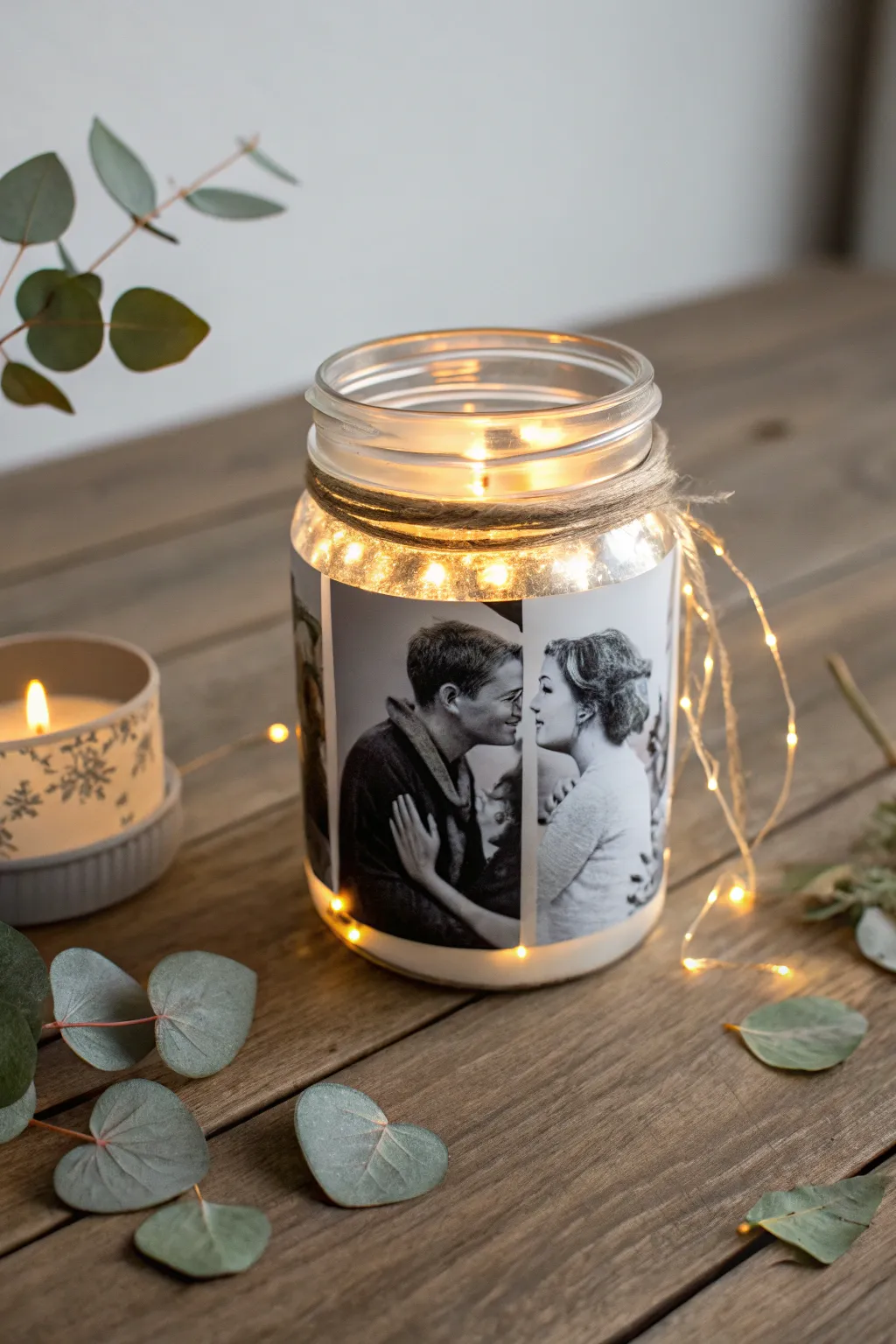Illuminate your love story with personalized photo collage jars for a stunning wedding centerpiece.
