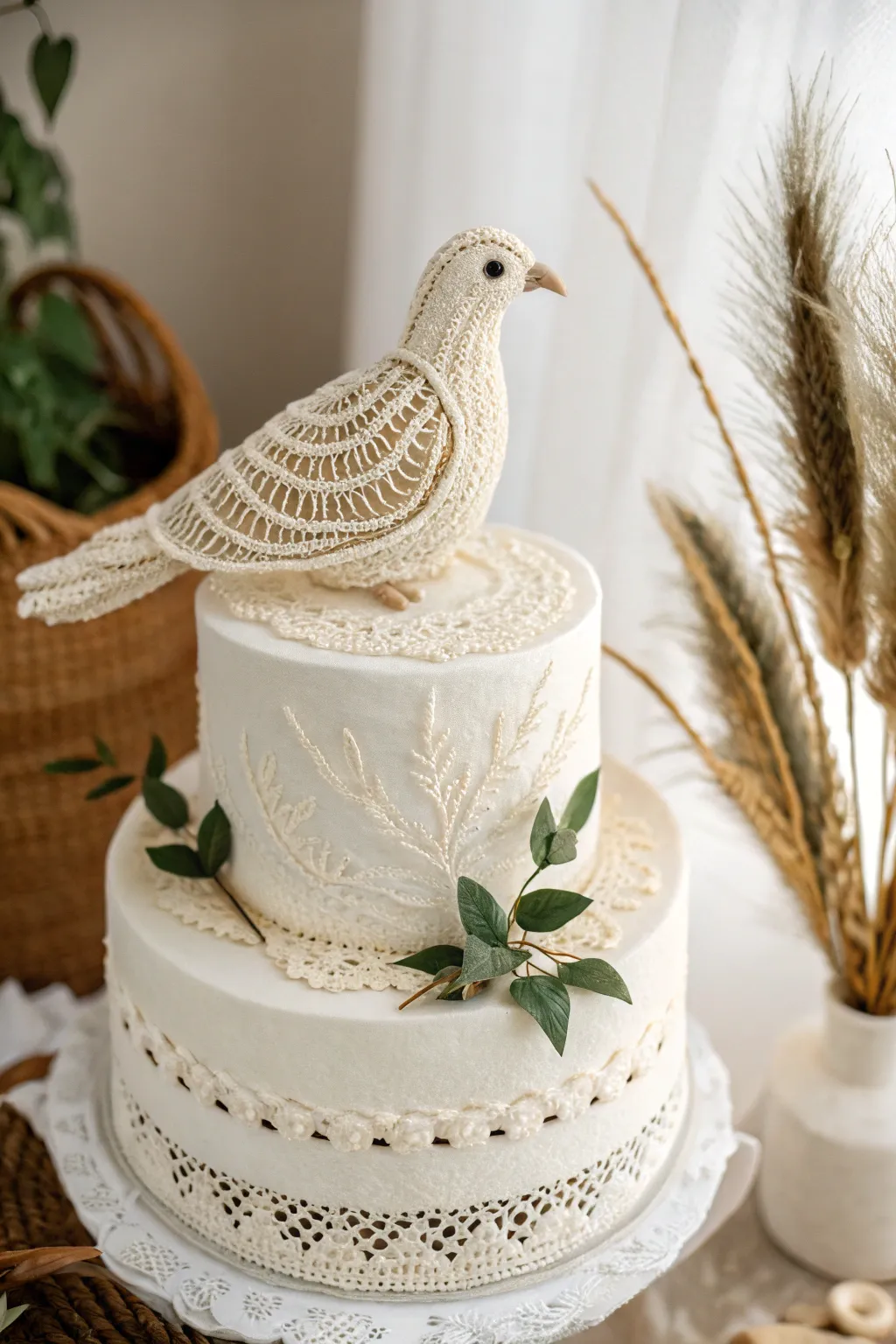 Add a touch of handmade elegance to your wedding cake with a crochet dove topper, where simplicity meets bohemian charm.
