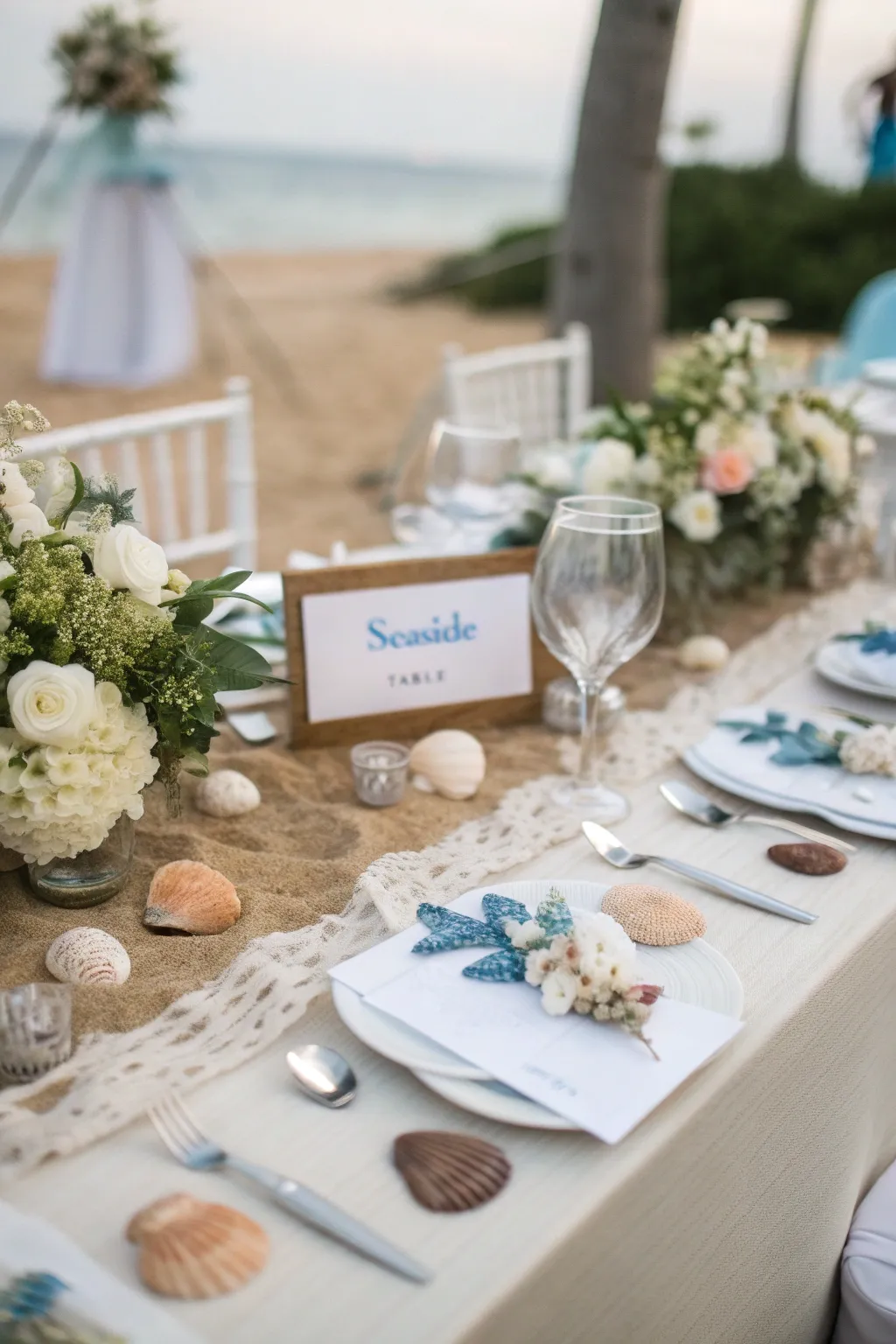 Seaside-themed name tags evoke a coastal and relaxed atmosphere.