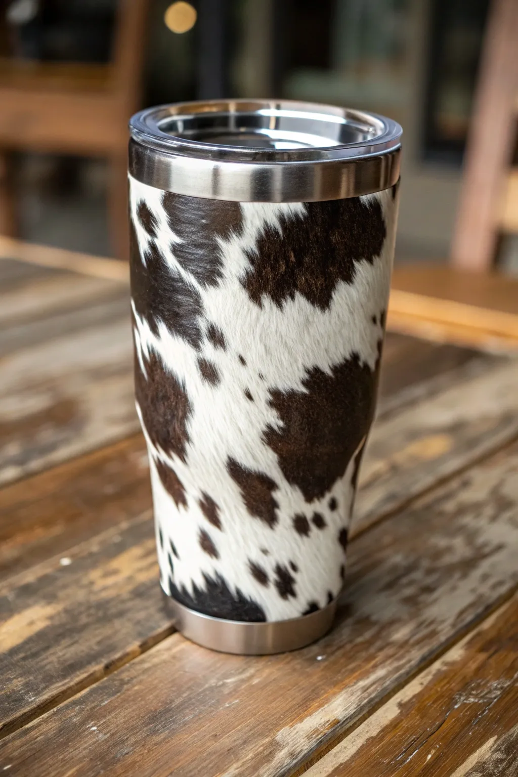 Elevate your drinkware with this stunning cowhide-patterned tumbler, where rustic charm meets modern craftsmanship.