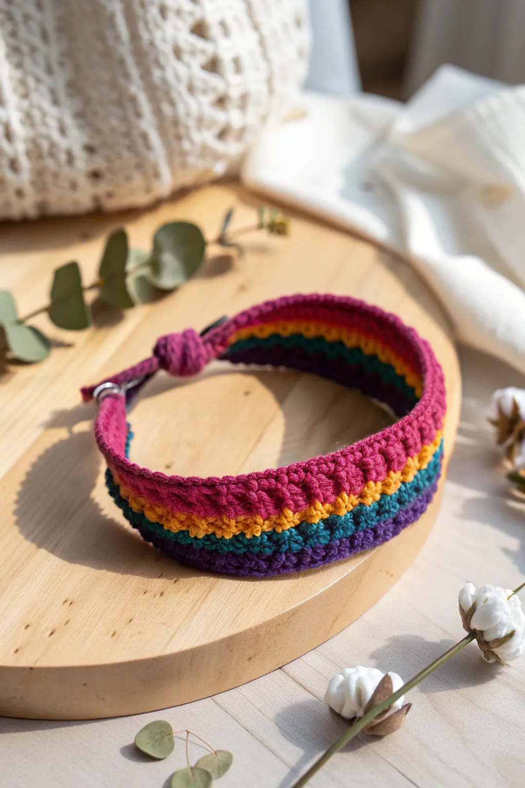 Add a splash of color to your day with this chic rainbow crochet headband!